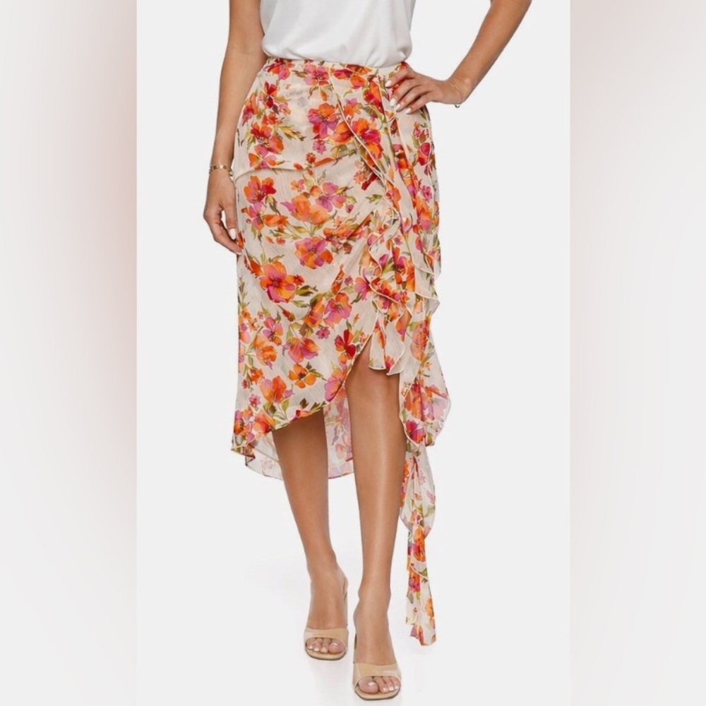 NWT MISA Los Angeles Floral Chiffon Ruffle Sheer Midi Skirt size M